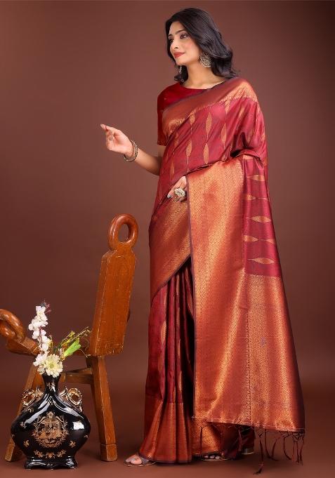 Maroon Zari Work Banarasi Silk Saree Set