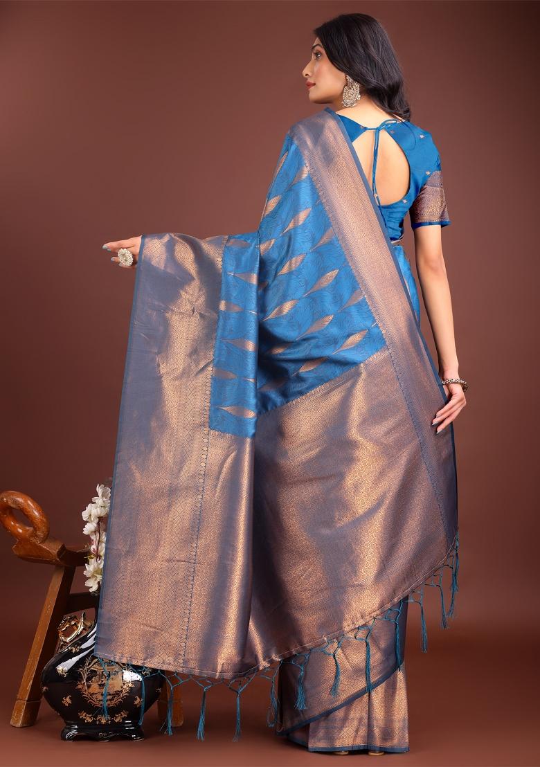 Sky Blue Zari Work Banarasi Silk Saree Set