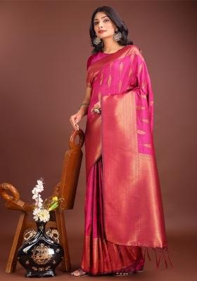 Magenta Zari Work Banarasi Silk Saree Set