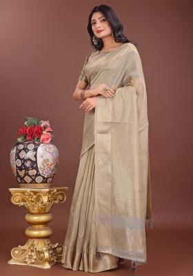 Beige Zari Work Organza Saree Set