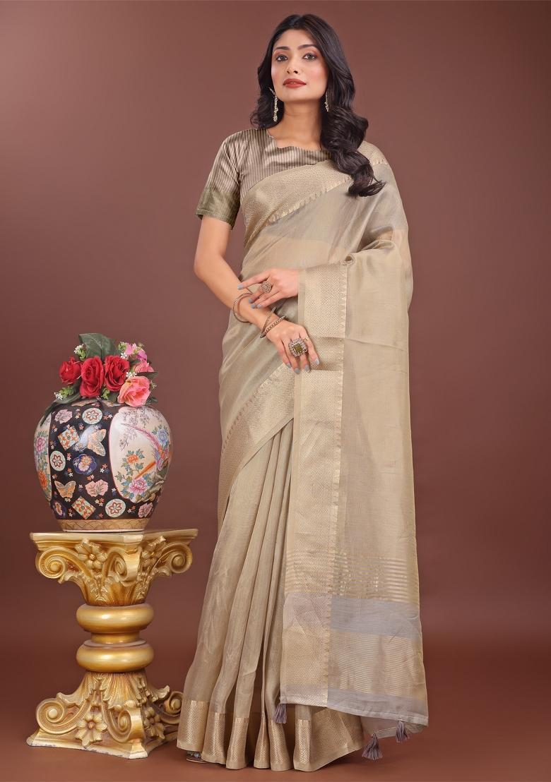 Beige Zari Work Organza Saree Set