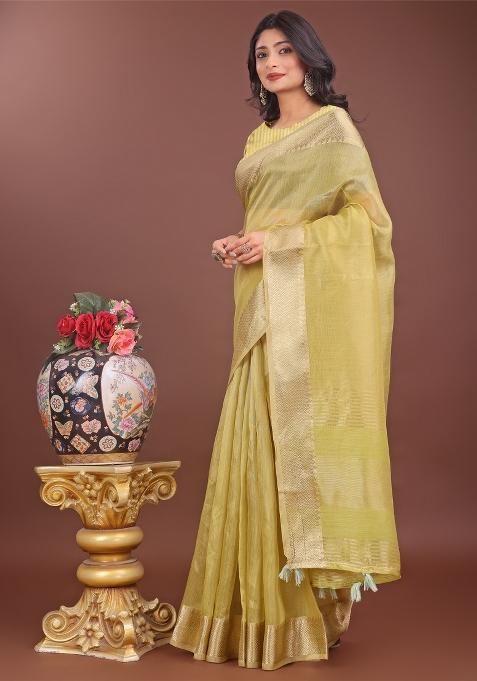 Mehendi Green Zari Work Organza Saree Set