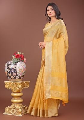 Yellow Zari Work Organza Saree Set