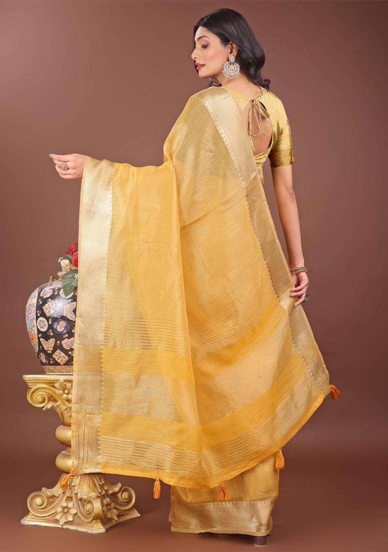 Yellow Zari Work Organza Saree Set