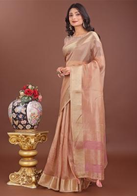 Peach Zari Work Organza Saree Set