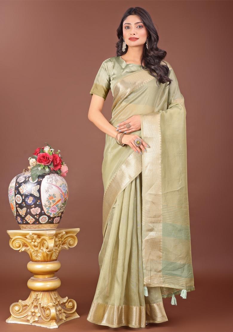 Light Green Zari Work Organza Saree Set