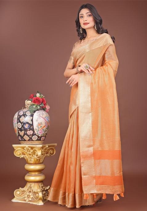 Orange Zari Work Organza Saree Set