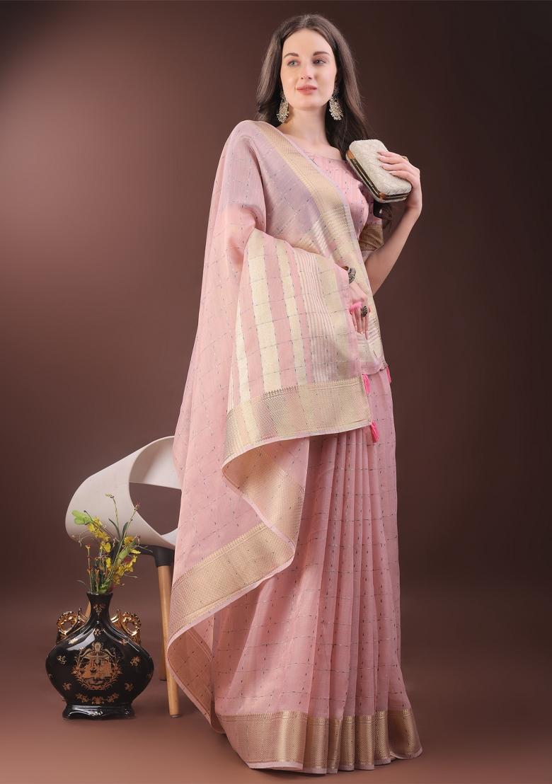 Light Pink Zari Work Organza Saree Set