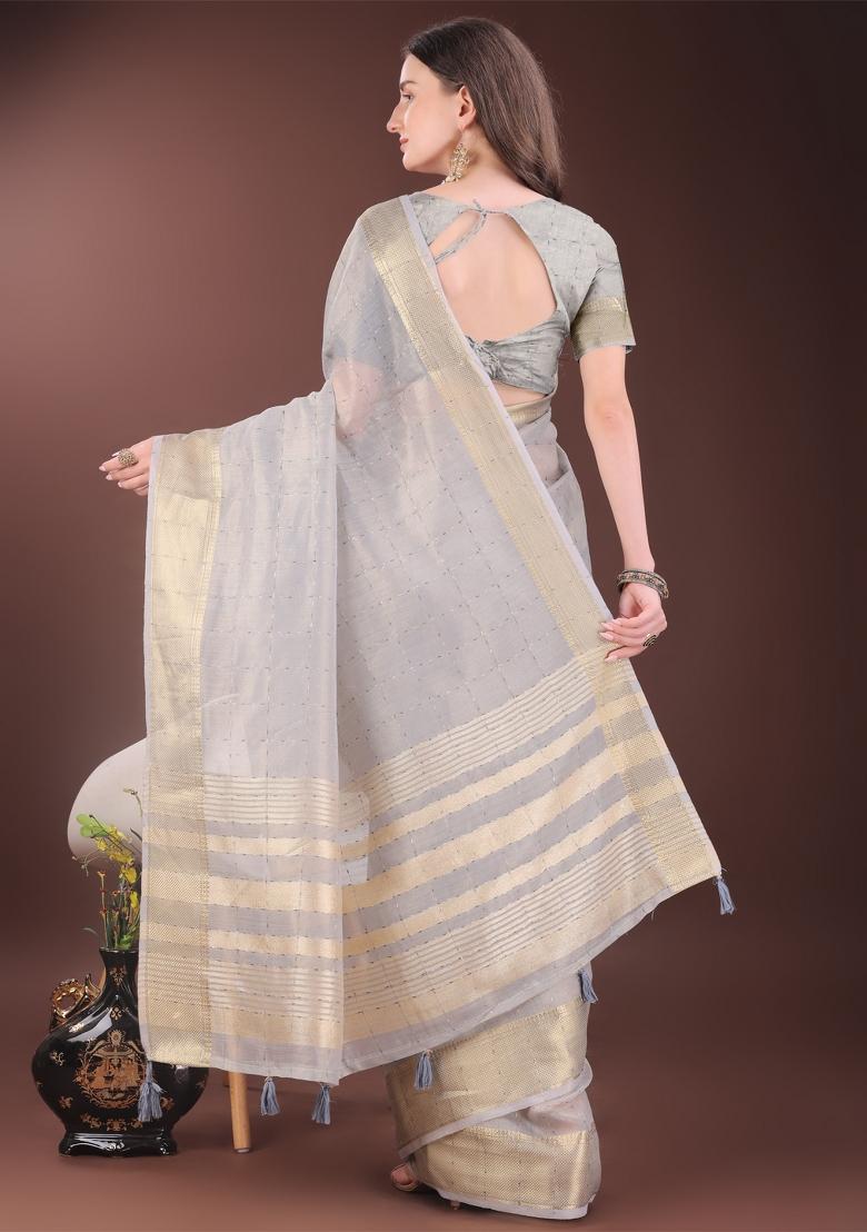 Grey Zari Work Organza Saree Set