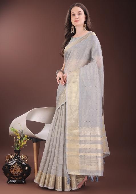 Grey Zari Work Organza Saree Set