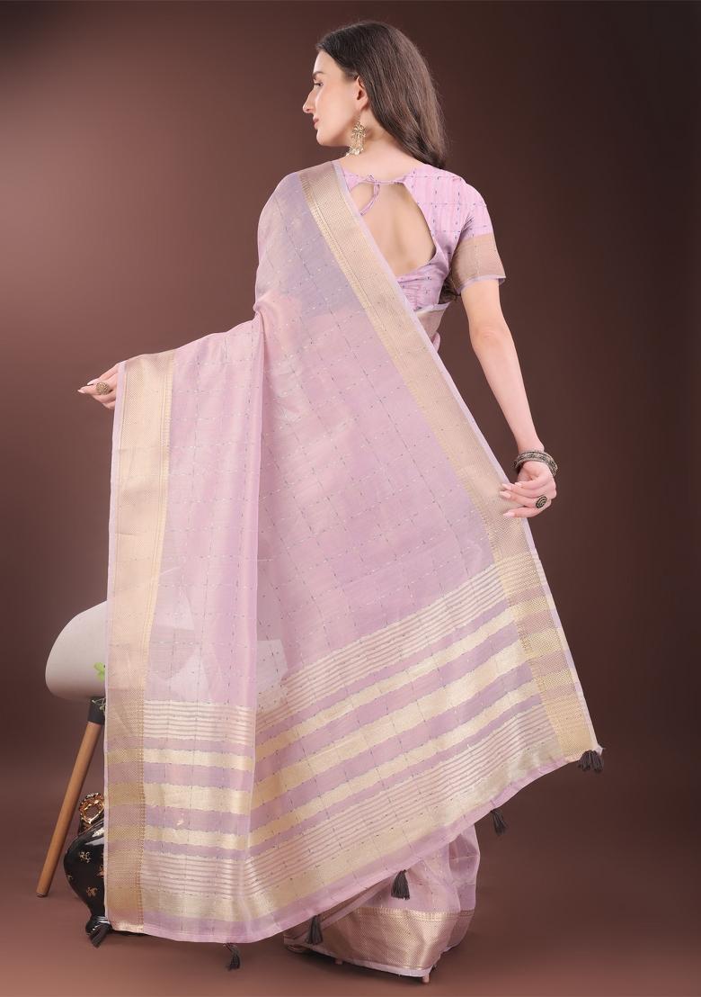 Pink Zari Work Organza Saree Set