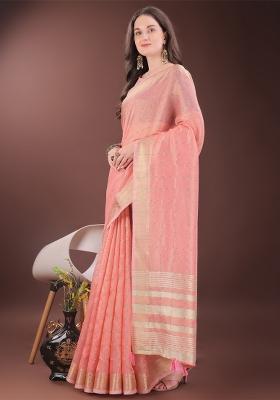 Peach Zari Work Organza Saree Set