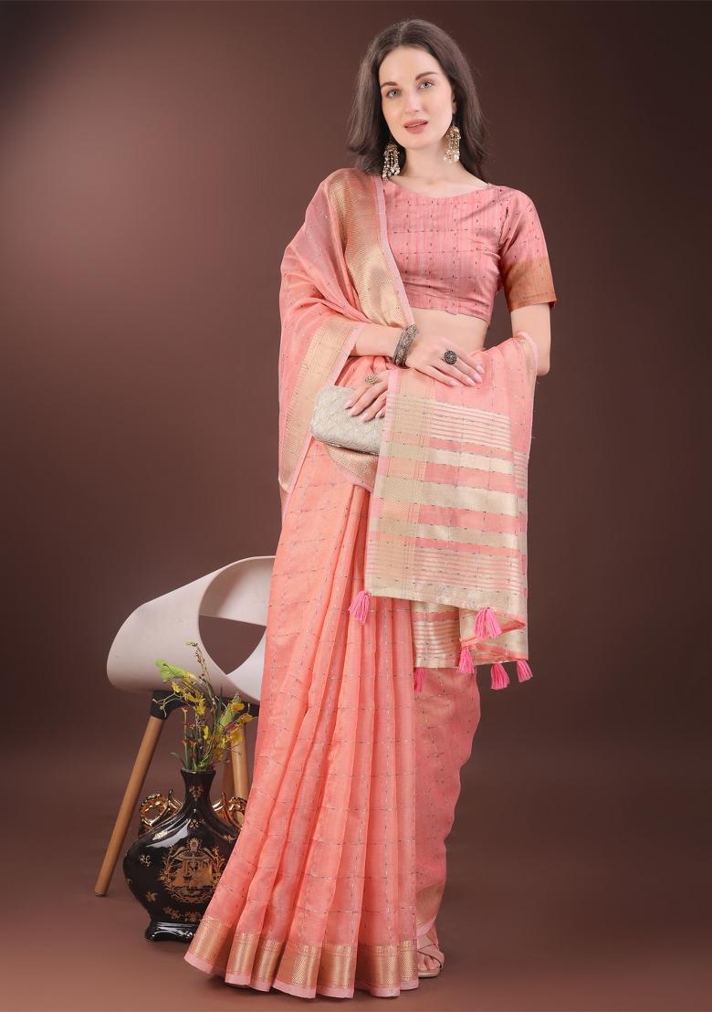 Peach Zari Work Organza Saree Set