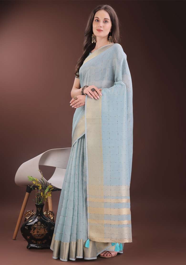 Sky Blue Zari Work Organza Saree Set - Indya