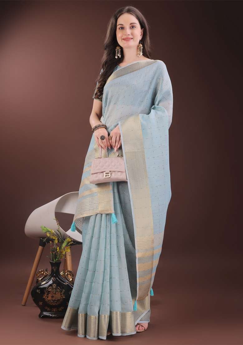 Sky Blue Zari Work Organza Saree Set - Indya