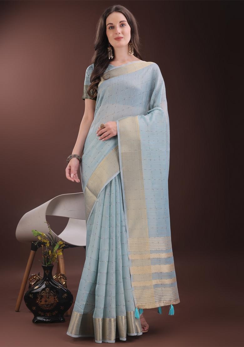 Sky Blue Zari Work Organza Saree Set
