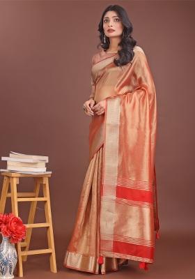Orange Zari Work Organza Saree Set