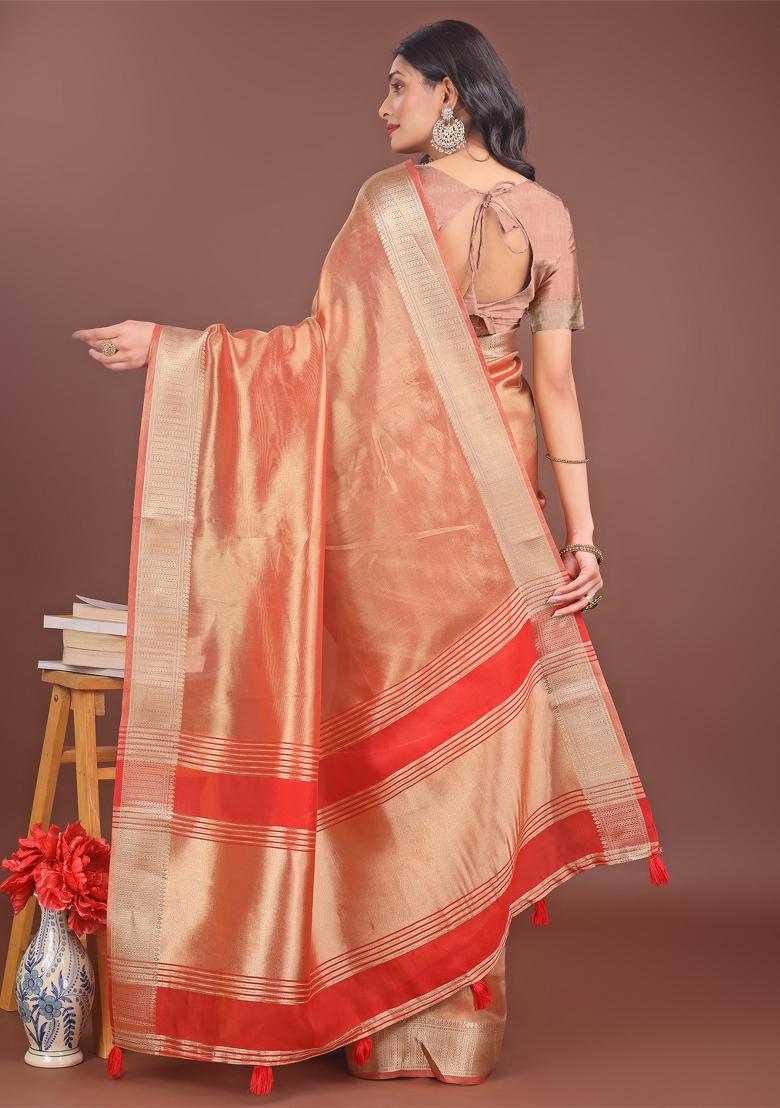 Orange Zari Work Organza Saree Set