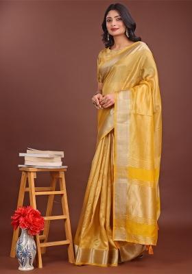 Yellow Zari Work Organza Saree Set