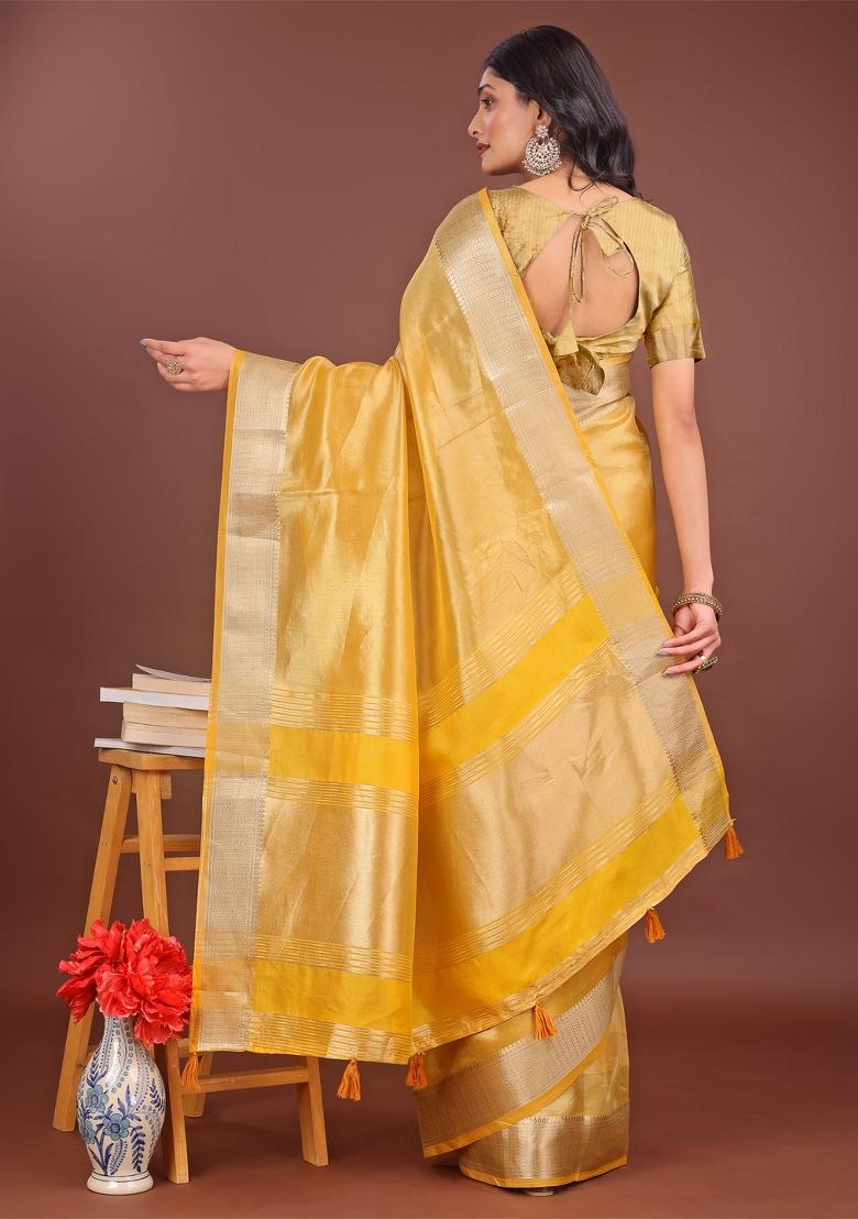 Yellow Zari Work Organza Saree Set