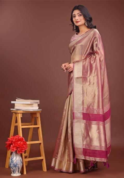 Light Pink Zari Work Organza Saree Set