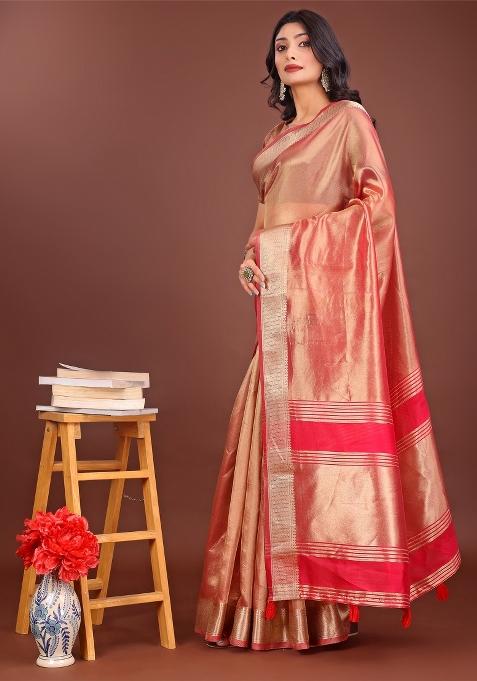 Orange Zari Work Organza Saree Set