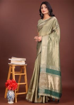 Light Green Zari Work Organza Saree Set