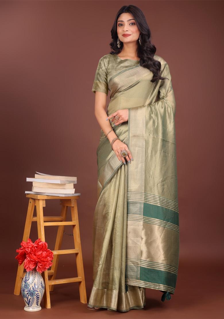 Light Green Zari Work Organza Saree Set