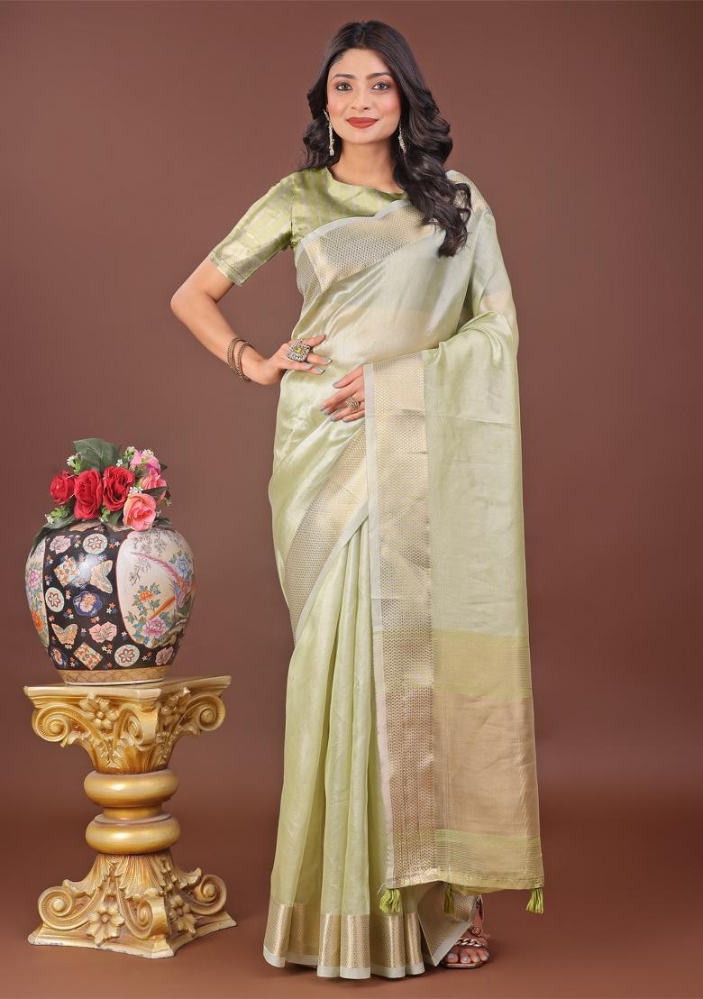Light Green Zari Work Organza Saree Set