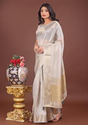 Grey Zari Work Organza Saree Set
