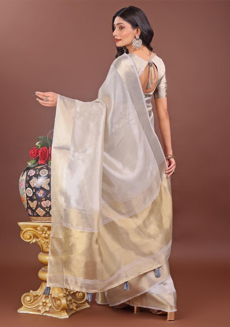 Grey Zari Work Organza Saree Set