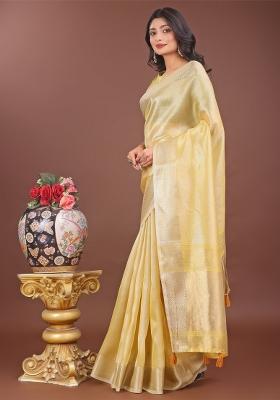 Yellow Zari Work Organza Saree Set