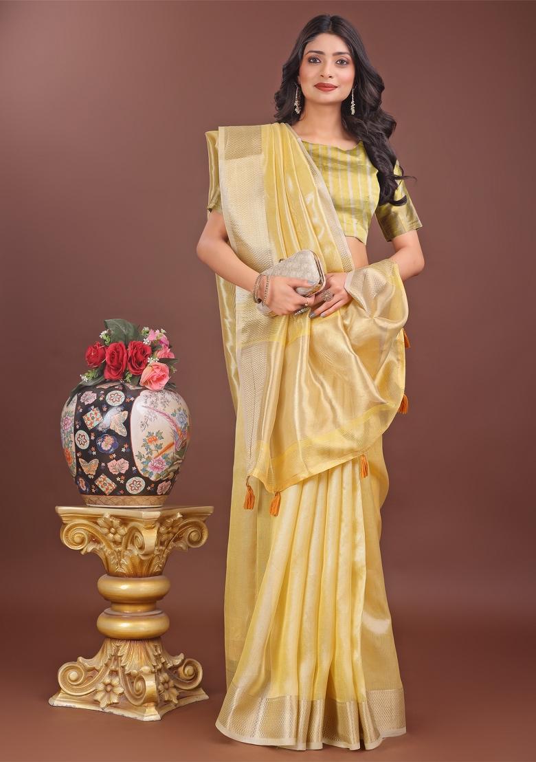 Yellow Zari Work Organza Saree Set