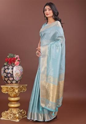 Sky Blue Zari Work Organza Saree Set