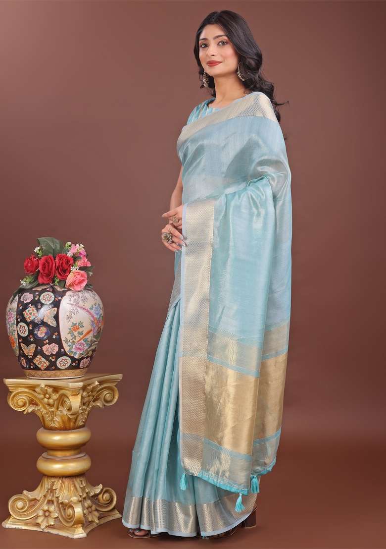 Sky Blue Zari Work Organza Saree Set - Indya