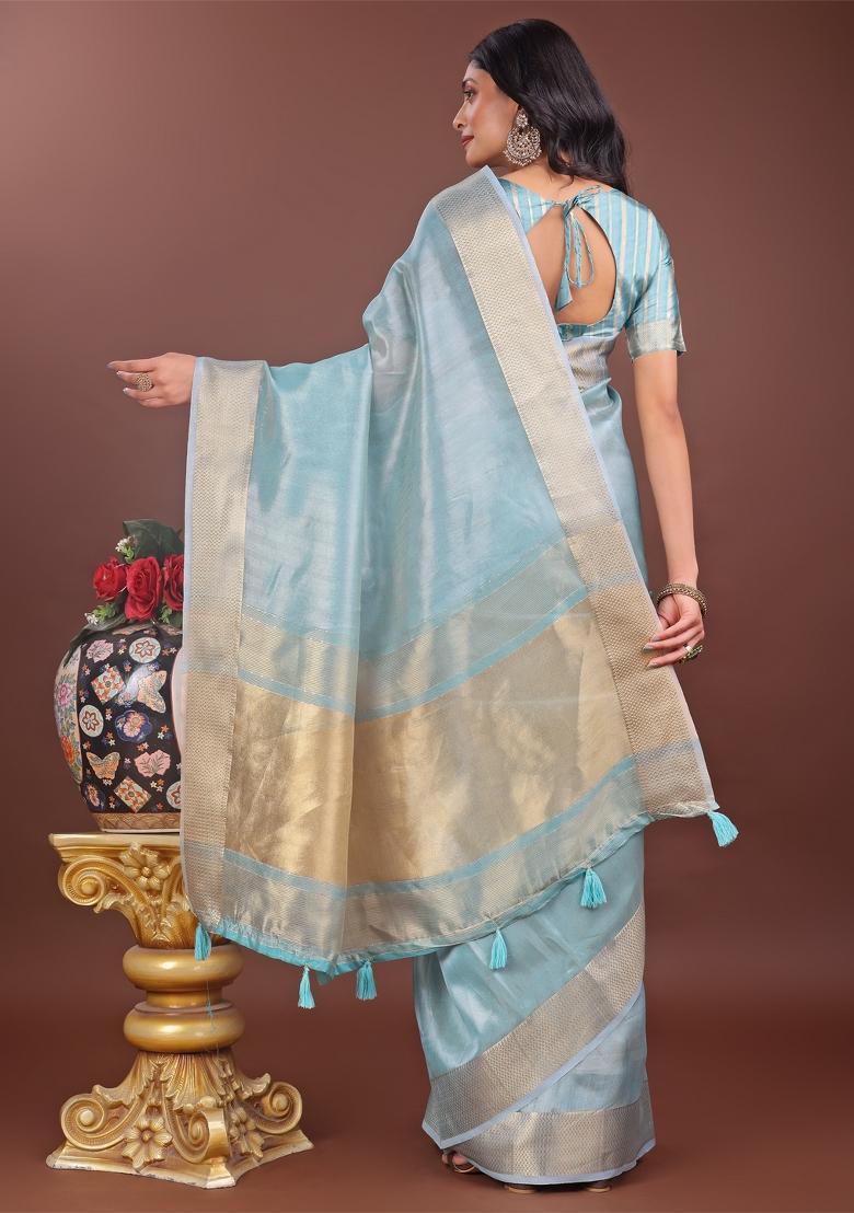 Sky Blue Zari Work Organza Saree Set