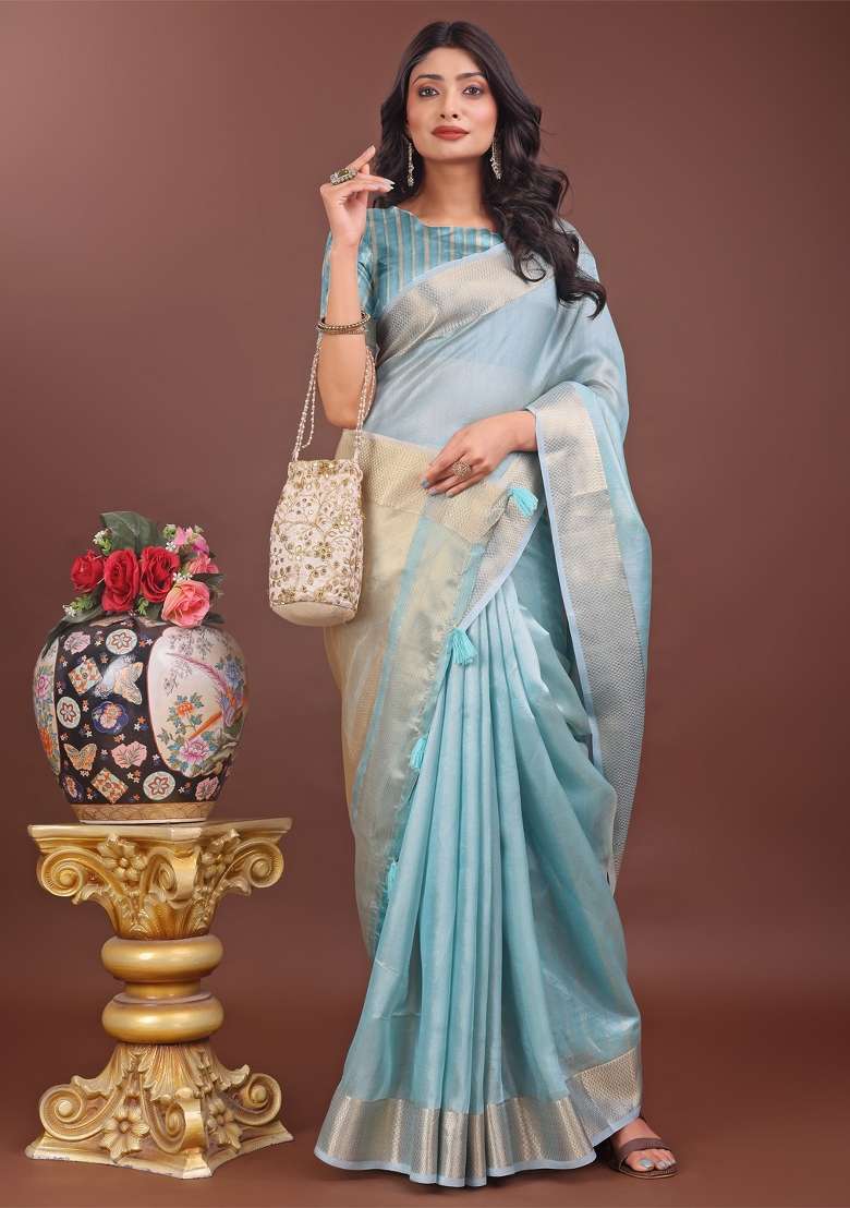 Sky Blue Zari Work Organza Saree Set - Indya