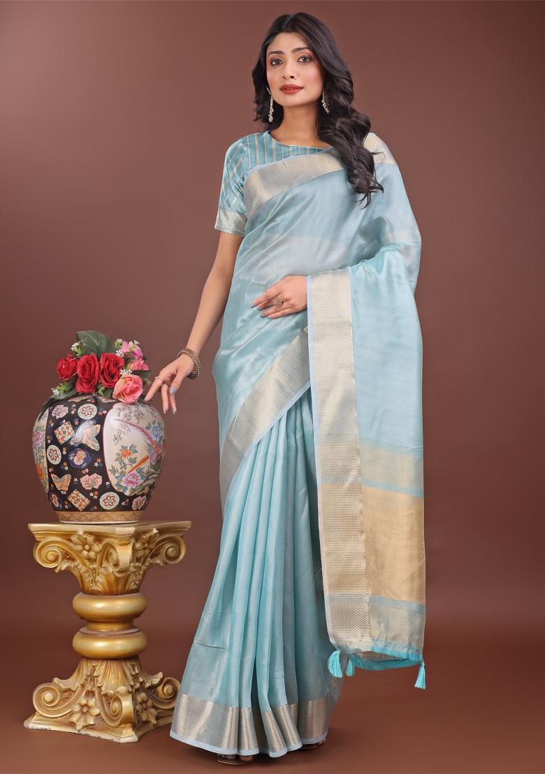 Sky Blue Zari Work Organza Saree Set