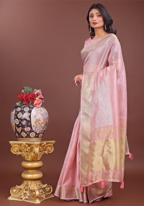 Pink Zari Work Organza Saree Set