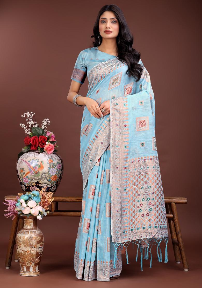 Sky Blue Zari Work Cotton Blend Saree Set