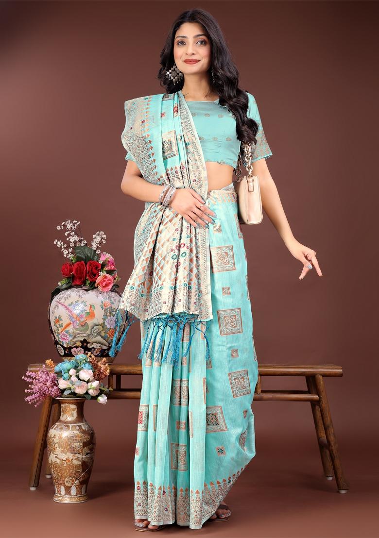 Sea Green Zari Work Cotton Blend Saree Set