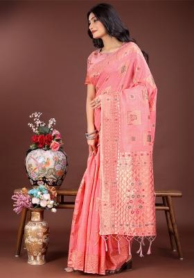 Peach Zari Work Cotton Blend Saree Set