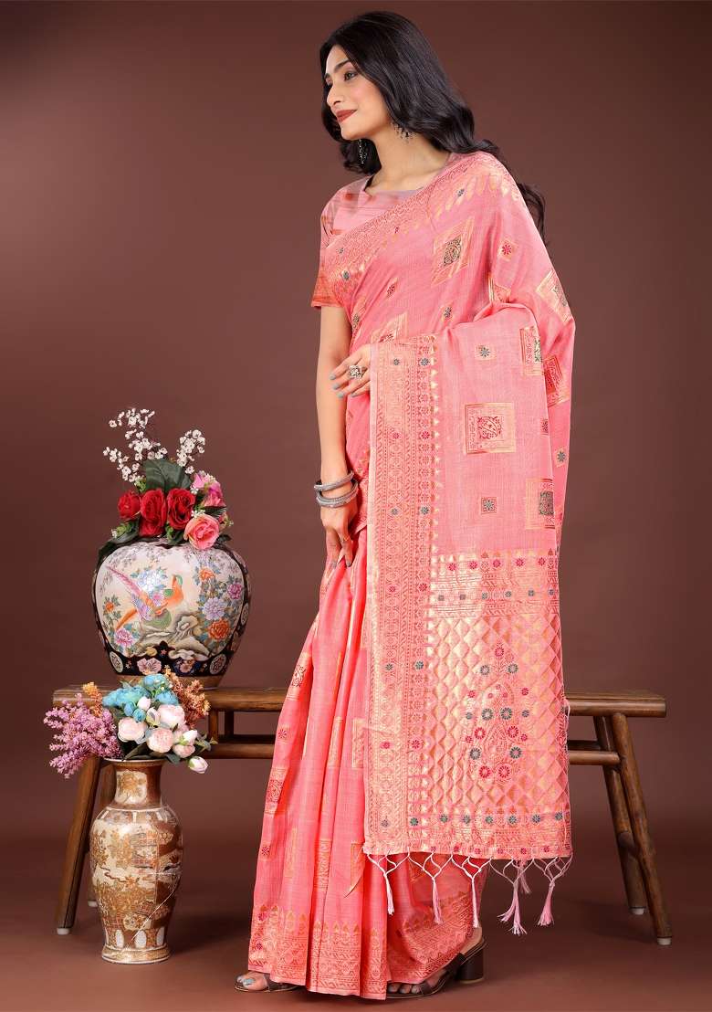 Peach Zari Work Cotton Blend Saree Set - Indya