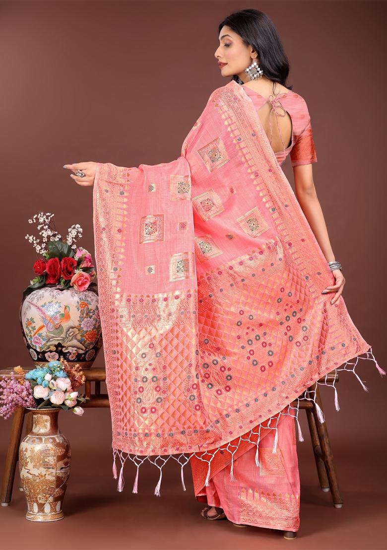 Peach Zari Work Cotton Blend Saree Set
