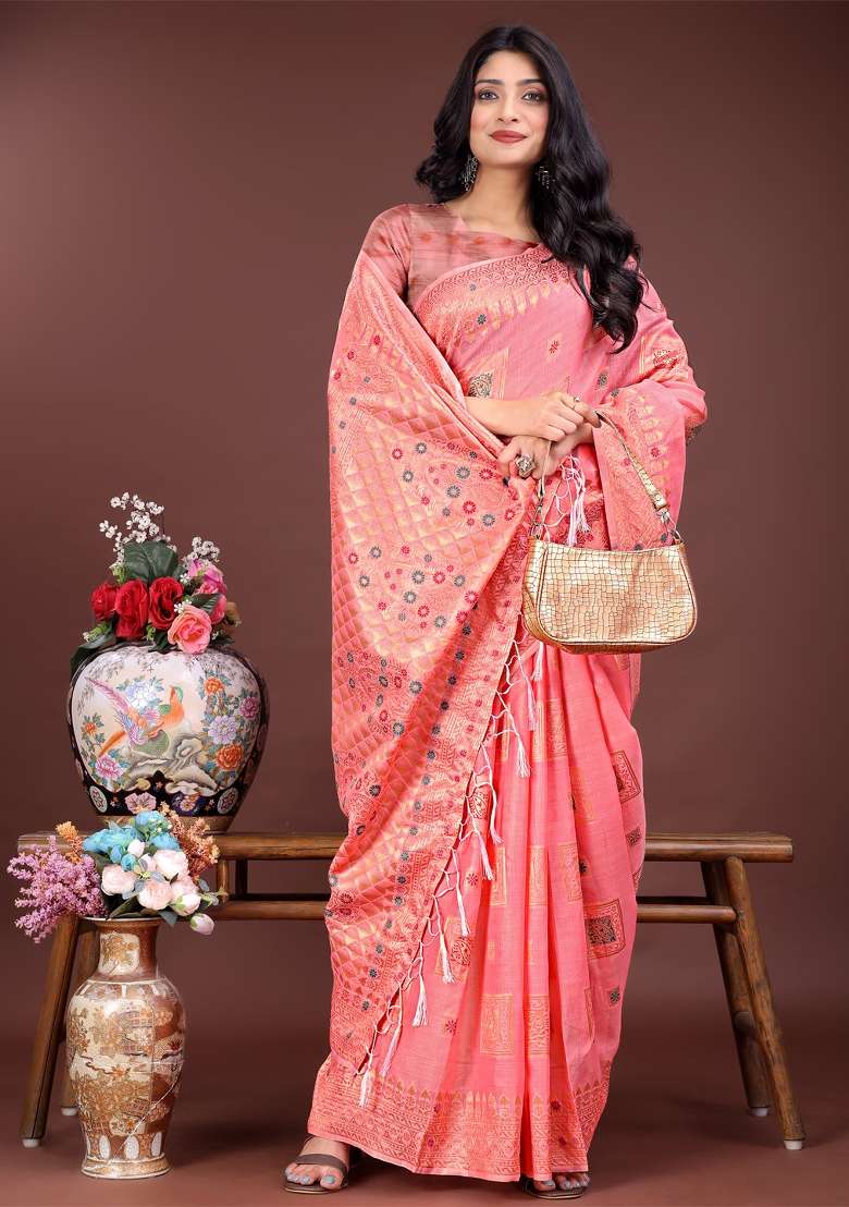 Peach Zari Work Cotton Blend Saree Set - Indya