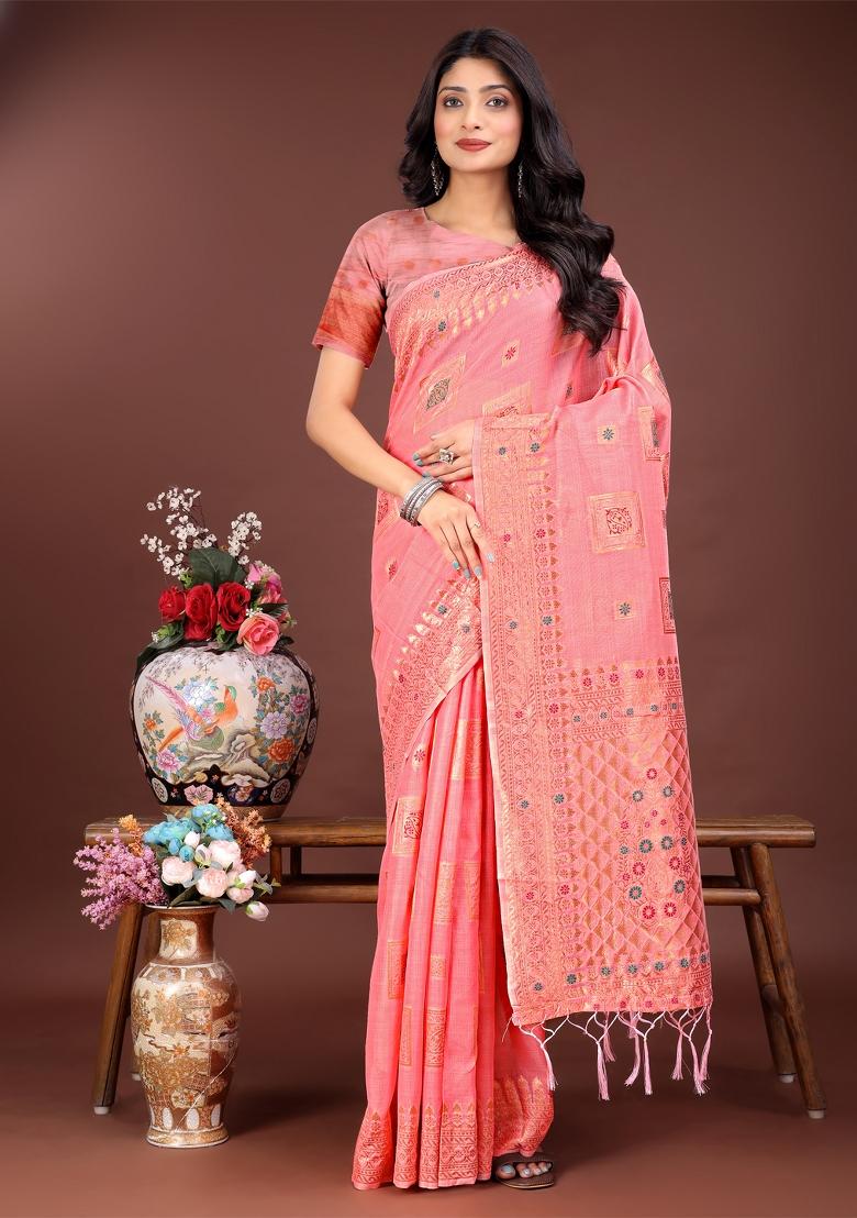 Peach Zari Work Cotton Blend Saree Set