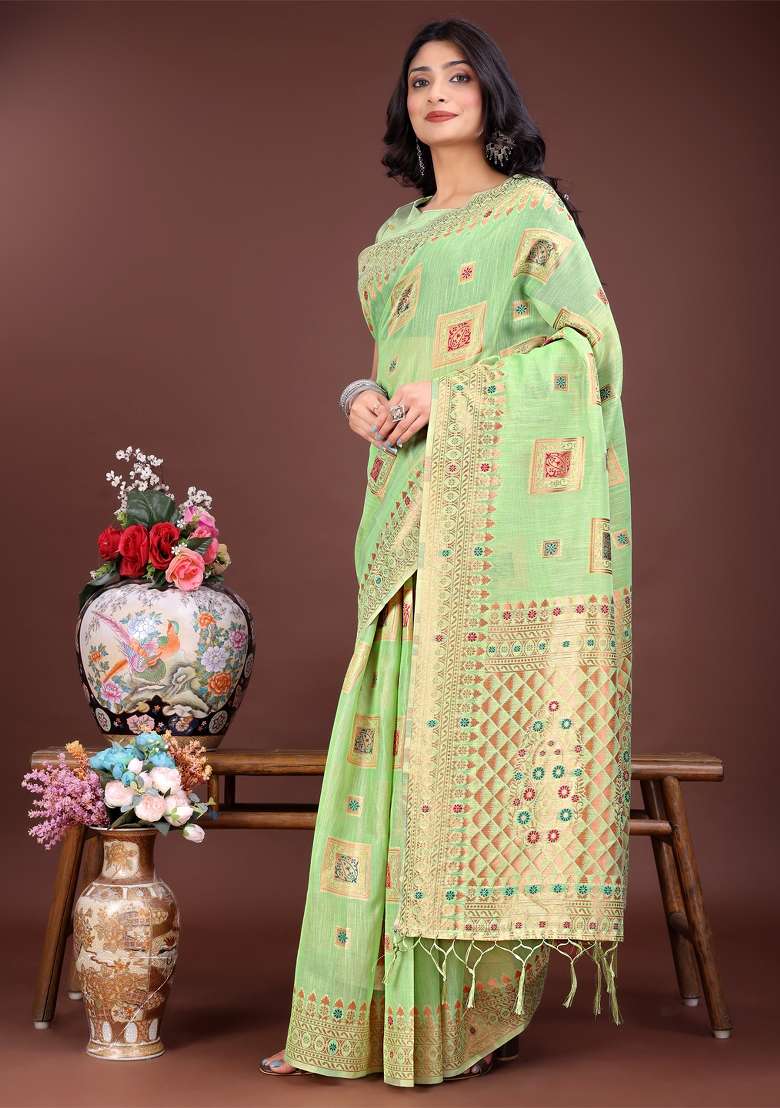 Light Green Zari Work Cotton Blend Saree Set - Indya