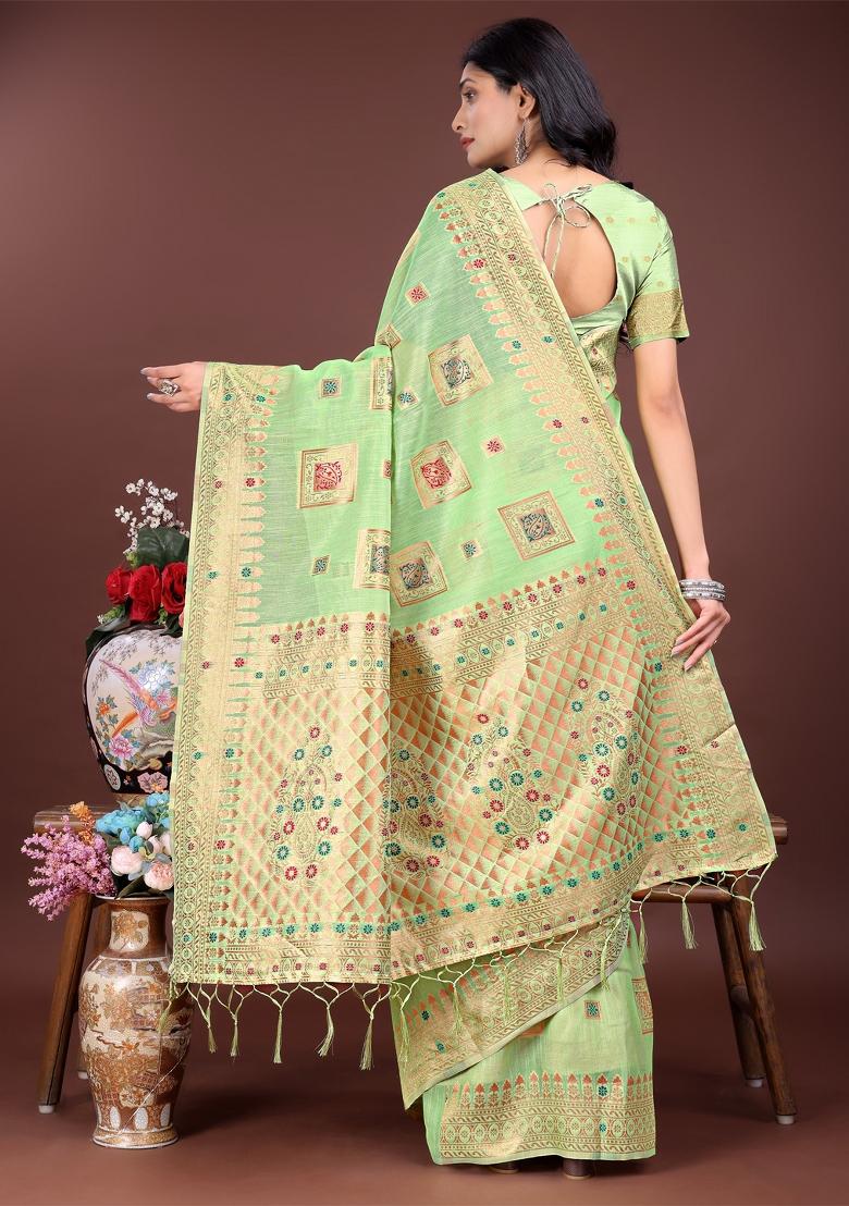 Light Green Zari Work Cotton Blend Saree Set