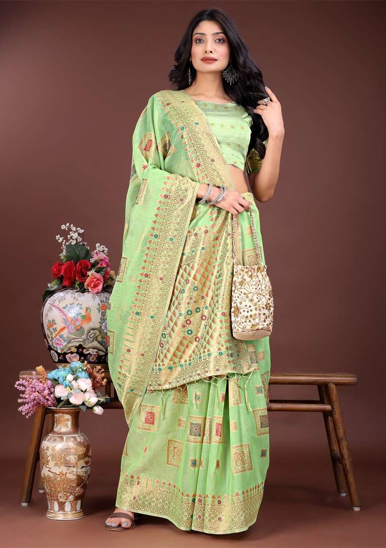 Light Green Zari Work Cotton Blend Saree Set - Indya
