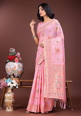 Light Pink Zari Work Cotton Blend Saree Set